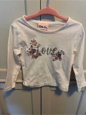 Little Lass White Long-Sleeve Top with Glitter 'Love' and Floral Accents